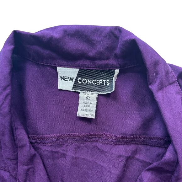 New Concepts 100% Silk Button Front Blouse Purple Camp Collar M Oversized 90s - Picture 3 of 5